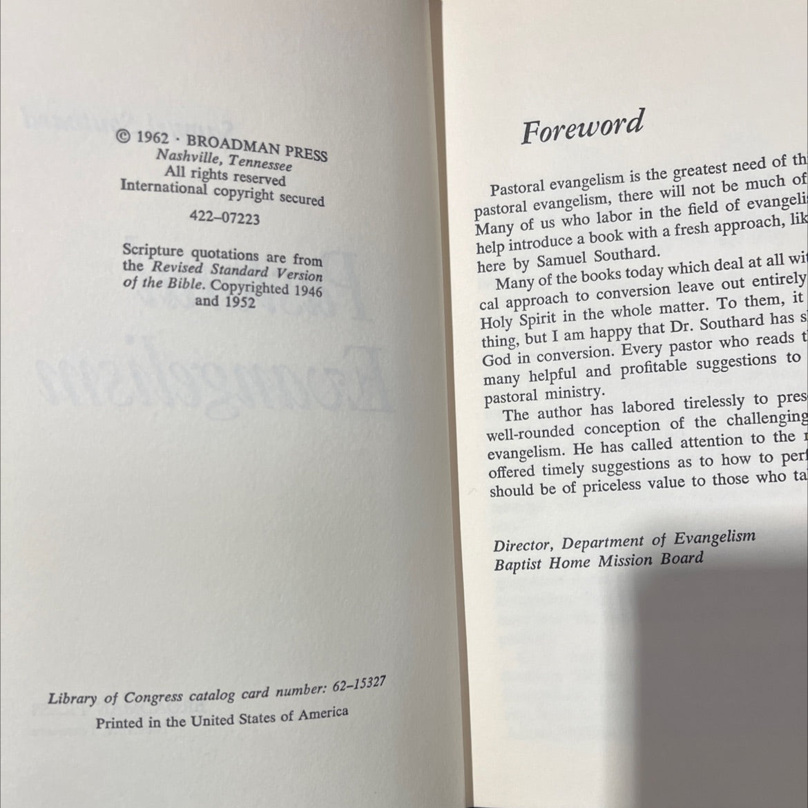 pastoral evangelism book, by Samuel Southard, 1962 Hardcover