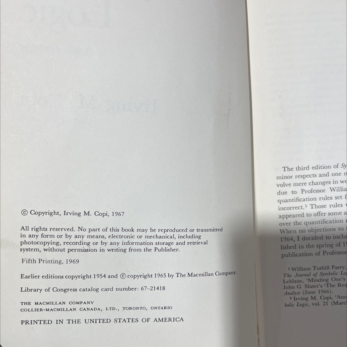 symbolic logic book, by irving m. copi, 1969 Hardcover