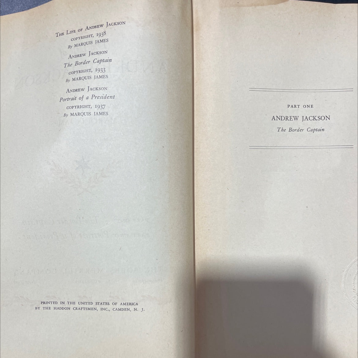 the life of andrew jackson complete in one volume book, by marquis james, 1938 Hardcover